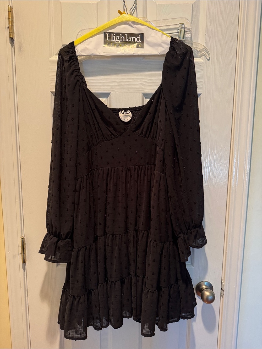 Black Swiss Dot Tiered Long Sleeve Mini Dress Arula